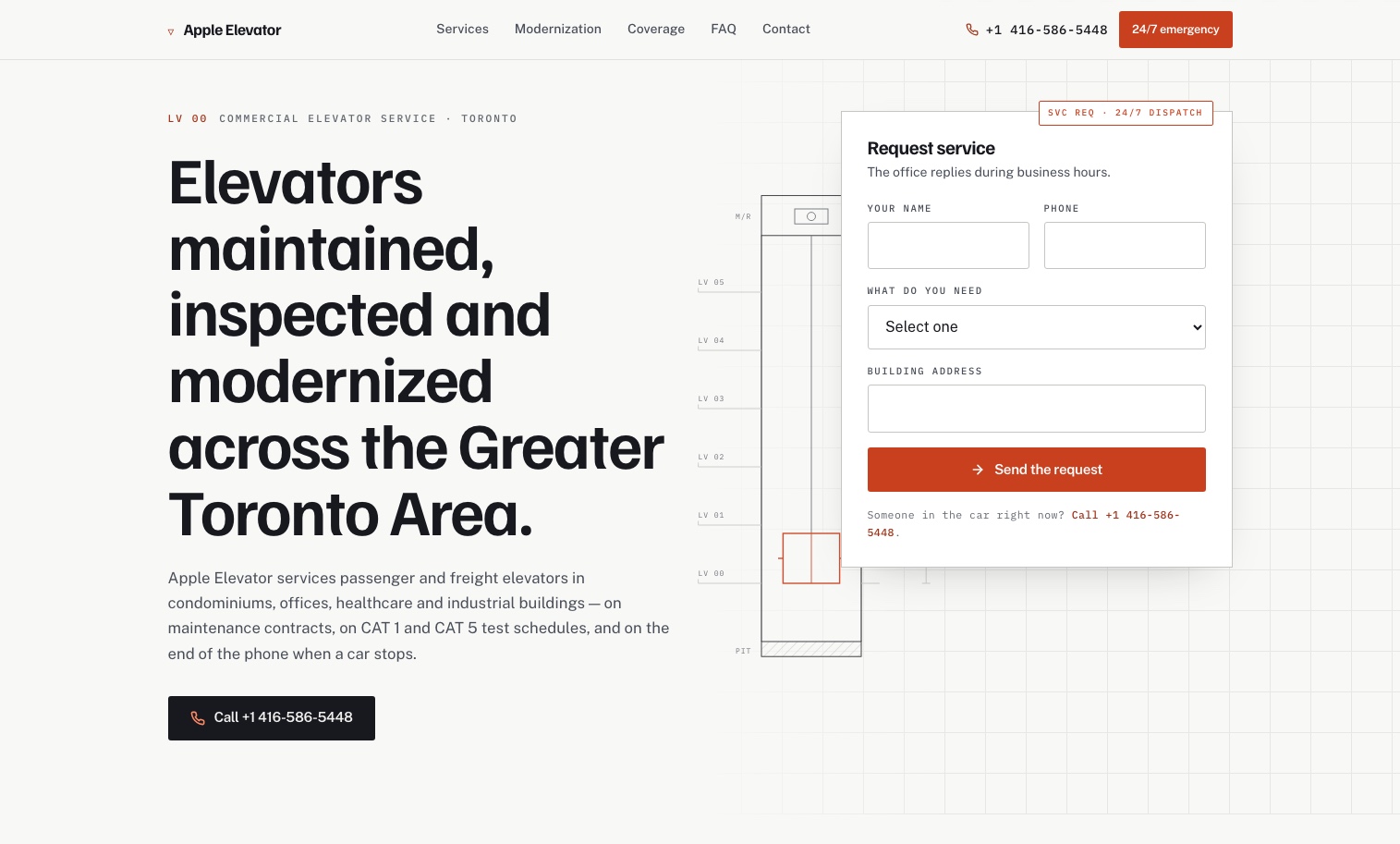Apple Elevator website — elevator maintenance homepage with a shaft diagram and a request-service dispatch form