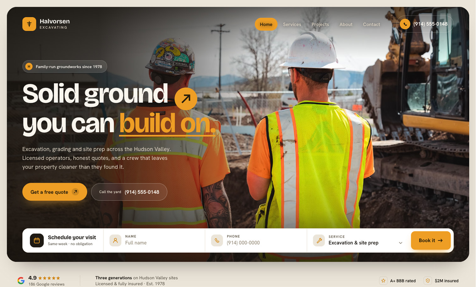 Halvorsen Excavating website — grading and site-prep homepage with a book-your-visit booking bar