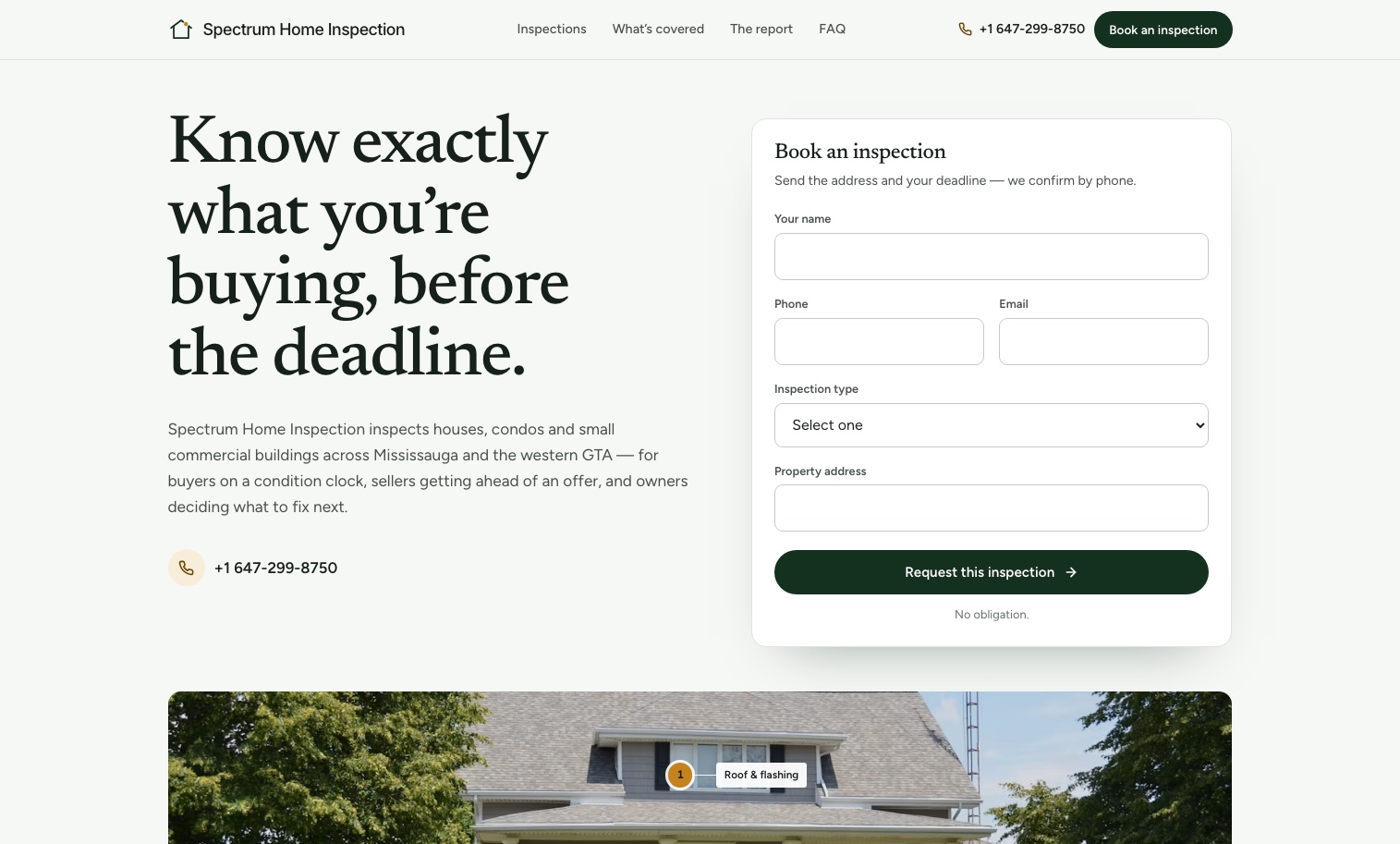 Spectrum Home Inspection website — serif homepage with an annotated house photo and a book-an-inspection form
